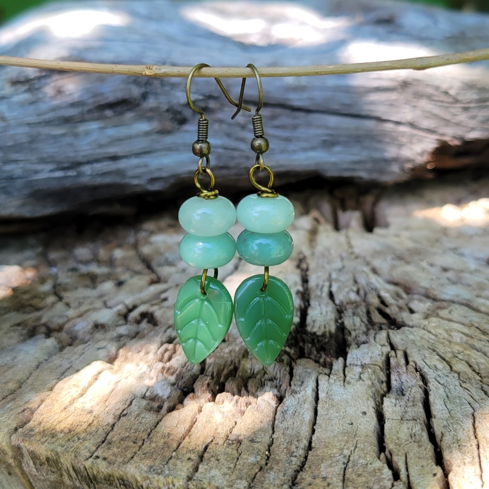 Handmade Green Aventurine & Leaf Earrings Dangle